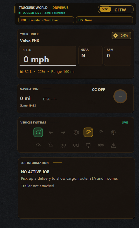 DriveHub in-game overlay advanced view with no active job