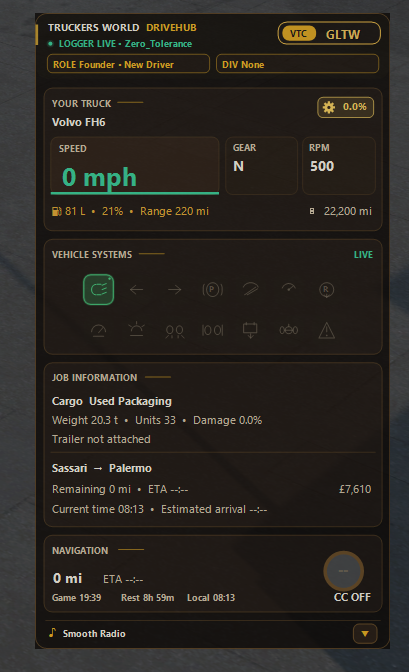 DriveHub in-game overlay standard view on an active job